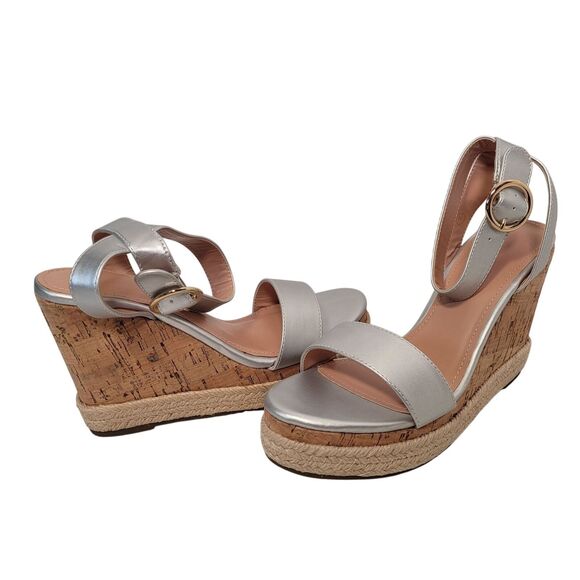 ZBY Cork Wedge Espadrille Sandals Silver Ankle Strap Size 7 New - Picture 1 of 11